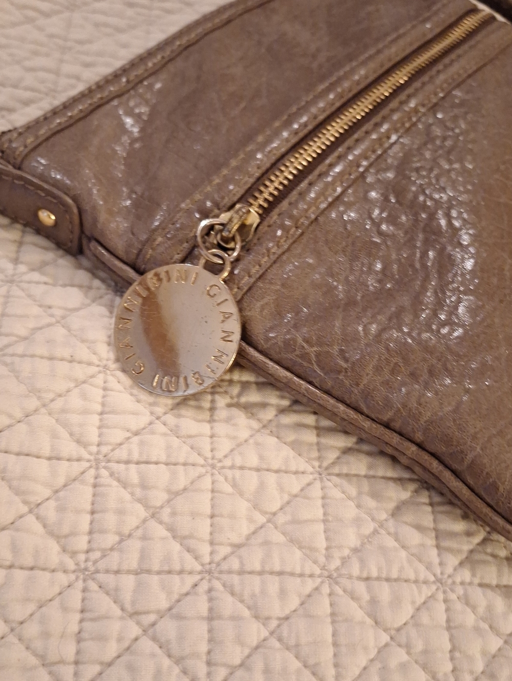 Gianni Bini Taupe Leather Zip Wristlet with Logo Charm